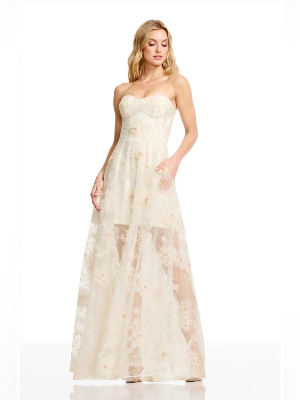 Dress the Population Connor Beaded Floral Strapless Gown Ivory Strapless Lace XL